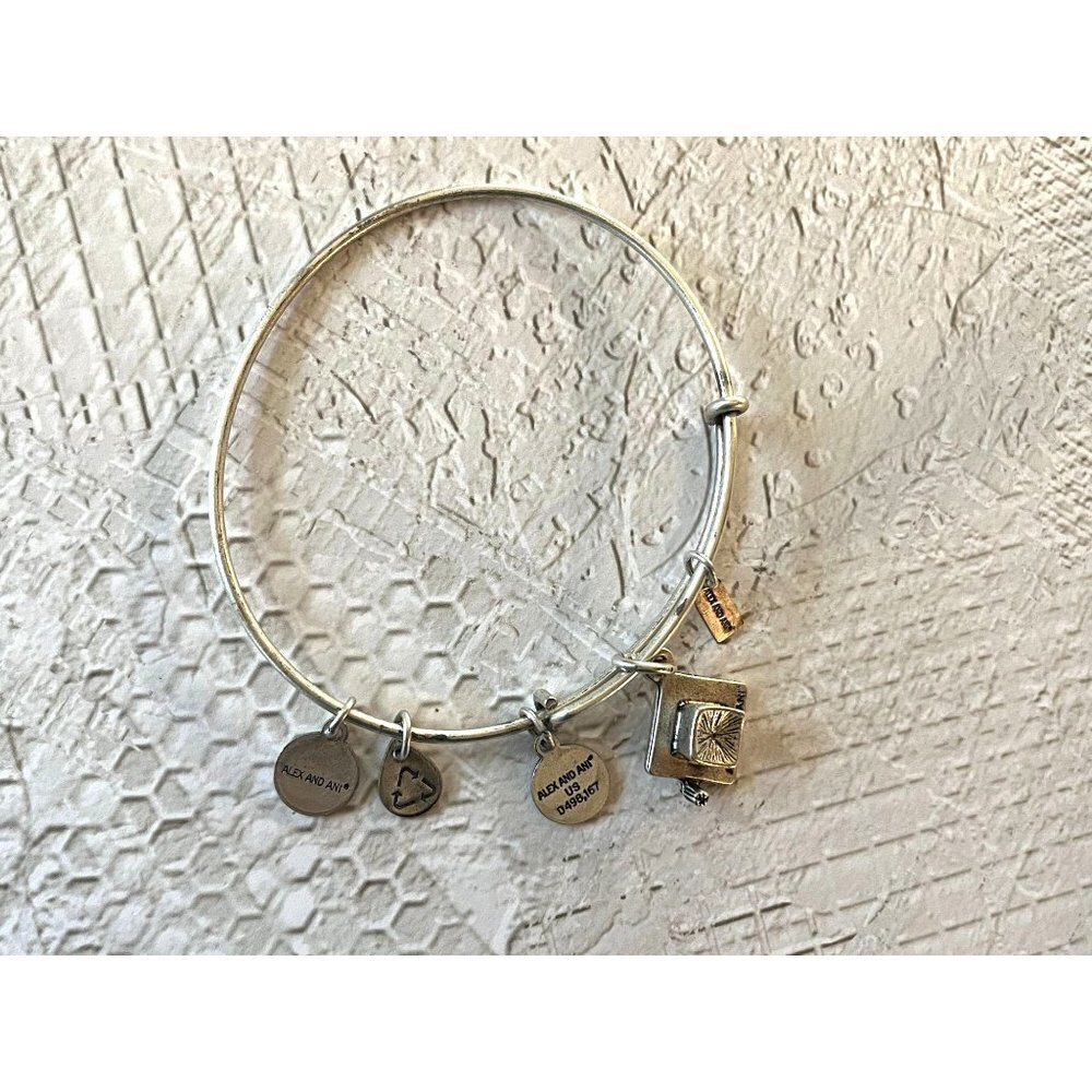 Alex and Ani Silver Graduation Cap Charm Bangle Bracelet - Picture 7 of 11